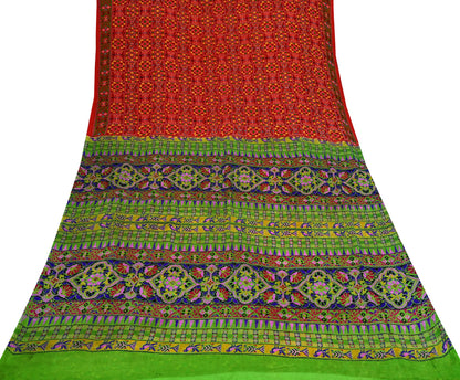 Indian Vintage Red & Green Pure Silk Printed Saree 5 Yards Soft Floral Fabric for Dressmaking, Quilting, Crafting, Sewing, Dress Making