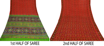 Indian Vintage Red & Green Pure Silk Printed Saree 5 Yards Soft Floral Fabric for Dressmaking, Quilting, Crafting, Sewing, Dress Making