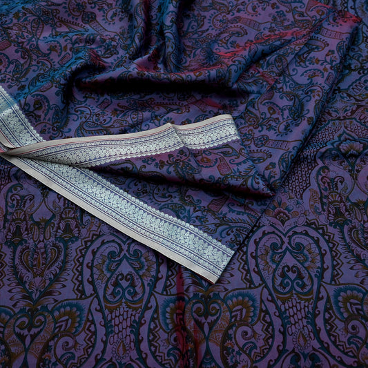 Vintage Sari Blue & maroon Pure Silk Printed Saree Fabric 5yard Sewing Soft Dress Designing for Crafting Quilting Upcycle Soft Border