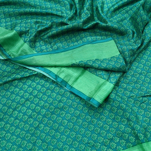 Indian Vintage Green Pure Silk Printed Saree 5 Yards Soft Floral Fabric Dressmaking, Quilting, Crafting, Sewing & Upcycling Dress Making