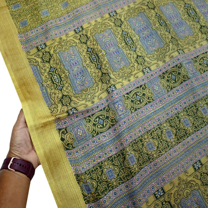Vintage Sari Green Pure Silk Printed Saree Fabric 6yard Sewing Soft Dress Designing for Crafting Quilting Upcycle Soft Border