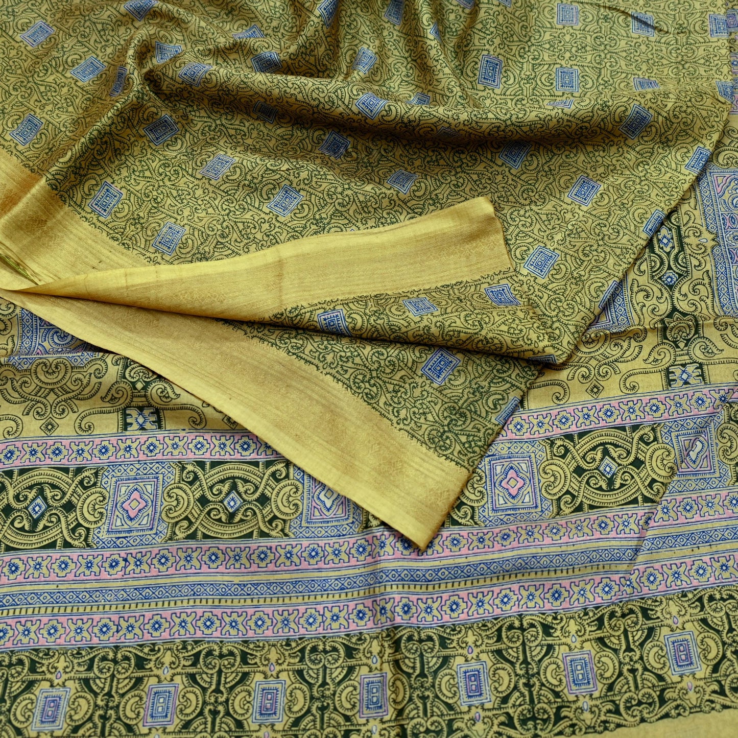 Vintage Sari Green Pure Silk Printed Saree Fabric 6yard Sewing Soft Dress Designing for Crafting Quilting Upcycle Soft Border