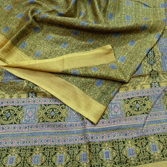 Vintage Sari Green Pure Silk Printed Saree Fabric 6yard Sewing Soft Dress Designing for Crafting Quilting Upcycle Soft Border