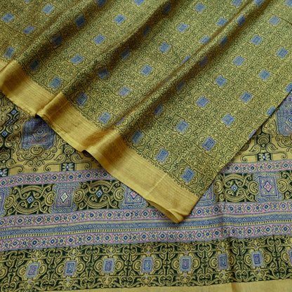 Vintage Sari Green Pure Silk Printed Saree Fabric 6yard Sewing Soft Dress Designing for Crafting Quilting Upcycle Soft Border