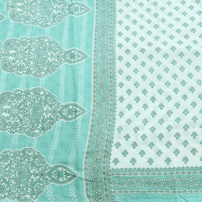 Vintage Floral Print Cotton Sari - Green & White Indian Fabric 5Yd