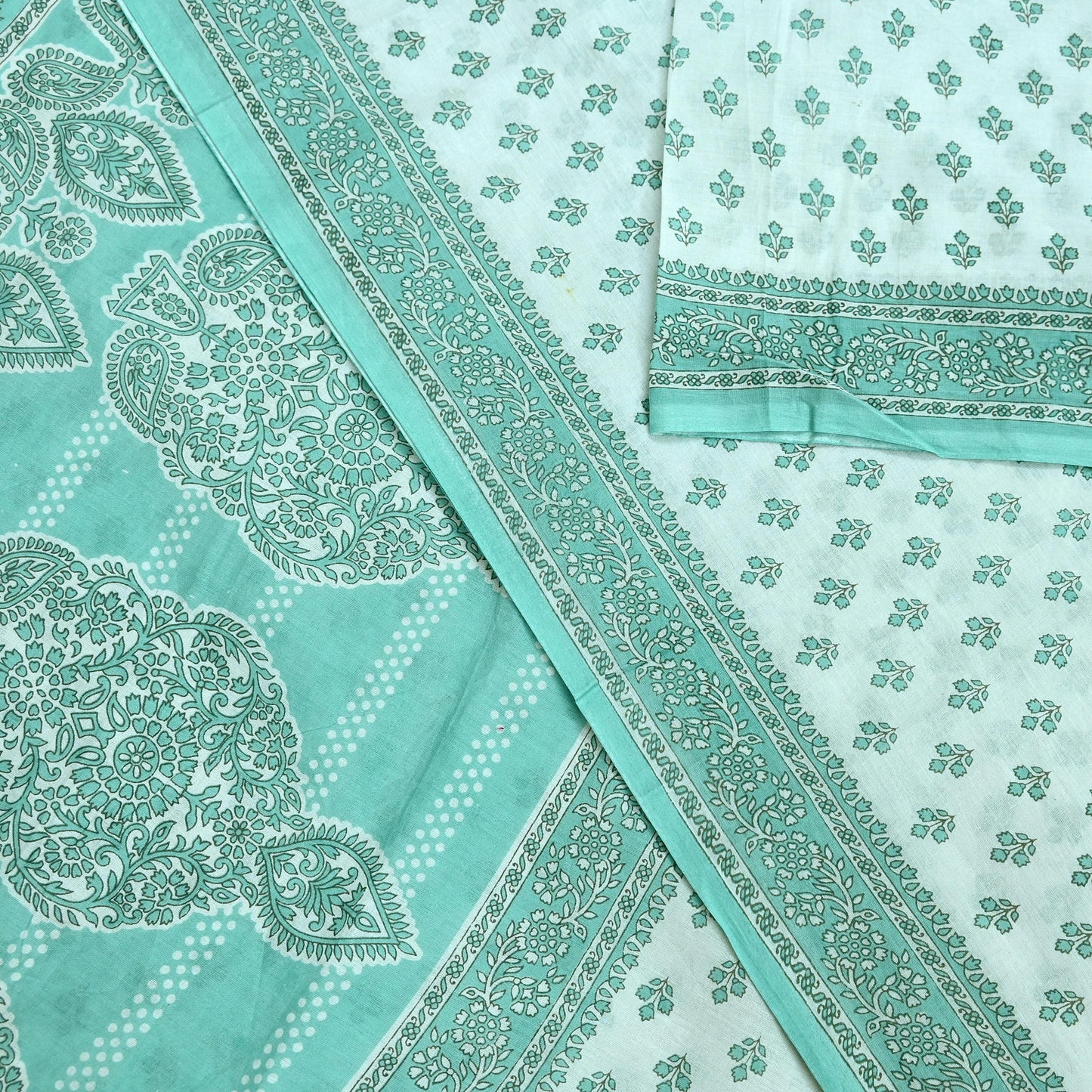 Vintage Floral Print Cotton Sari - Green & White Indian Fabric 5Yd