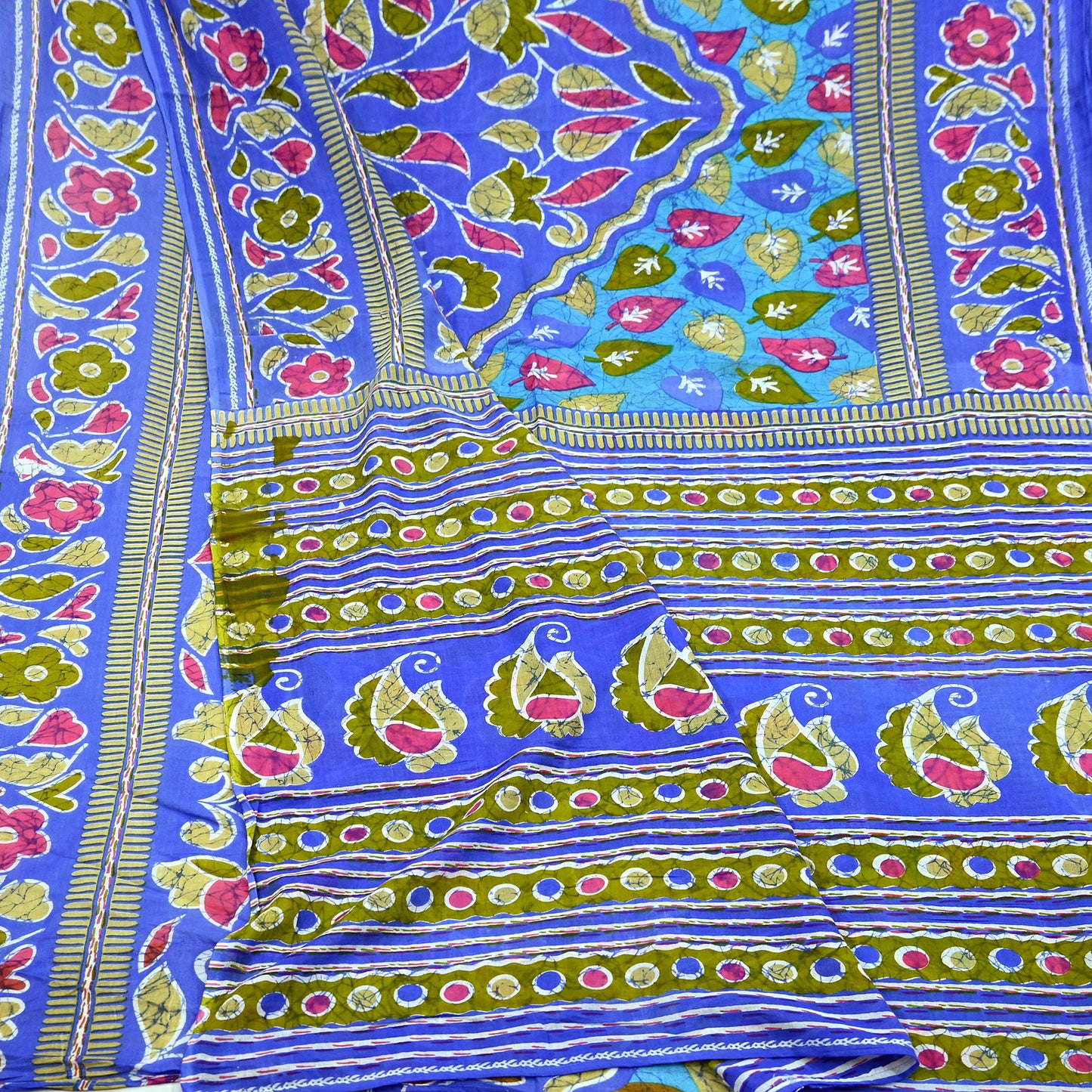 Indian Vintage Sari Blue Printed 100% Pure Cotton Saree Craft Fabric 5Yard Sewing Sarong Wrap Boho Floral
