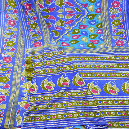 Indian Vintage Sari Blue Printed 100% Pure Cotton Saree Craft Fabric 5Yard Sewing Sarong Wrap Boho Floral