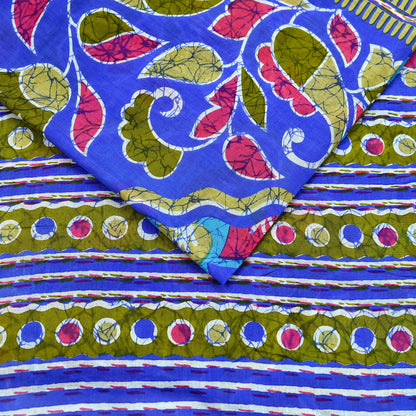 Indian Vintage Sari Blue Printed 100% Pure Cotton Saree Craft Fabric 5Yard Sewing Sarong Wrap Boho Floral