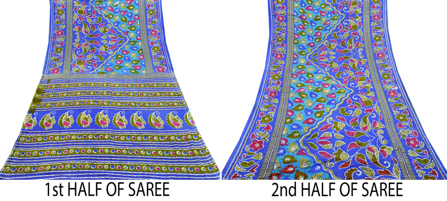 Indian Vintage Sari Blue Printed 100% Pure Cotton Saree Craft Fabric 5Yard Sewing Sarong Wrap Boho Floral