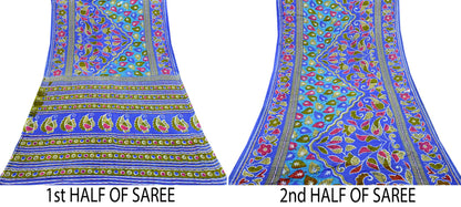 Indian Vintage Sari Blue Printed 100% Pure Cotton Saree Craft Fabric 5Yard Sewing Sarong Wrap Boho Floral