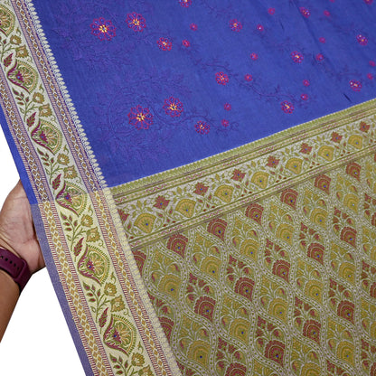 Indian Vintage Sari Blue Pure Tussar Silk Hand Woven Sarees 5Yard Sewing Ethnic Crafting Craft Fabric Dress making Upcycle Used