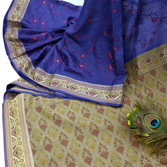 Indian Vintage Sari Blue Pure Tussar Silk Hand Woven Sarees 5Yard Sewing Ethnic Crafting Craft Fabric Dress making Upcycle Used