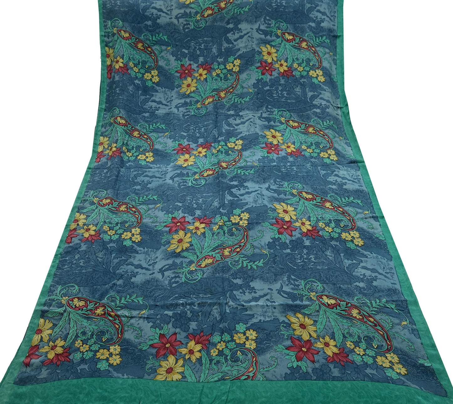 Indian Vintage Sari Green & Gray Pure Crepe Silk Printed Sarees 6yd Sewing Soft Craft Fabric Wrap Upcycle Quilting Crafting Dress making
