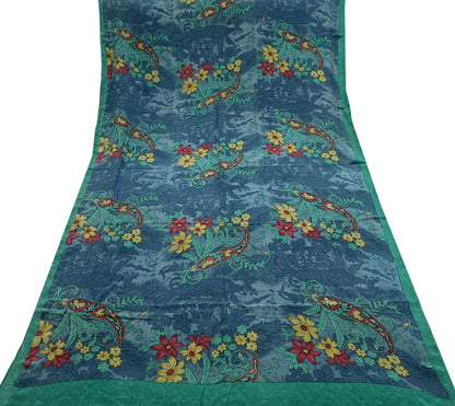 Indian Vintage Sari Green & Gray Pure Crepe Silk Printed Sarees 6yd Sewing Soft Craft Fabric Wrap Upcycle Quilting Crafting Dress making