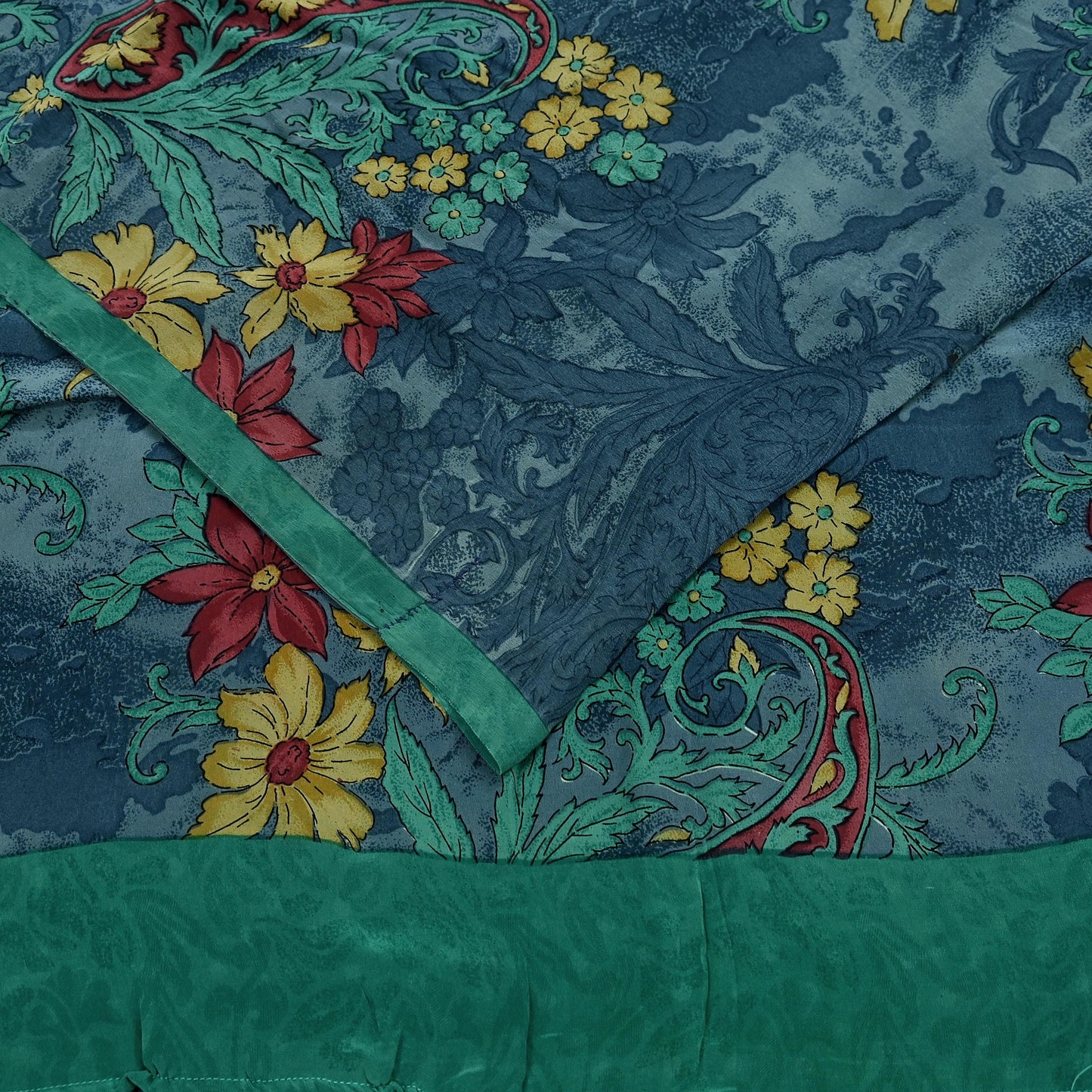 Indian Vintage Sari Green & Gray Pure Crepe Silk Printed Sarees 6yd Sewing Soft Craft Fabric Wrap Upcycle Quilting Crafting Dress making