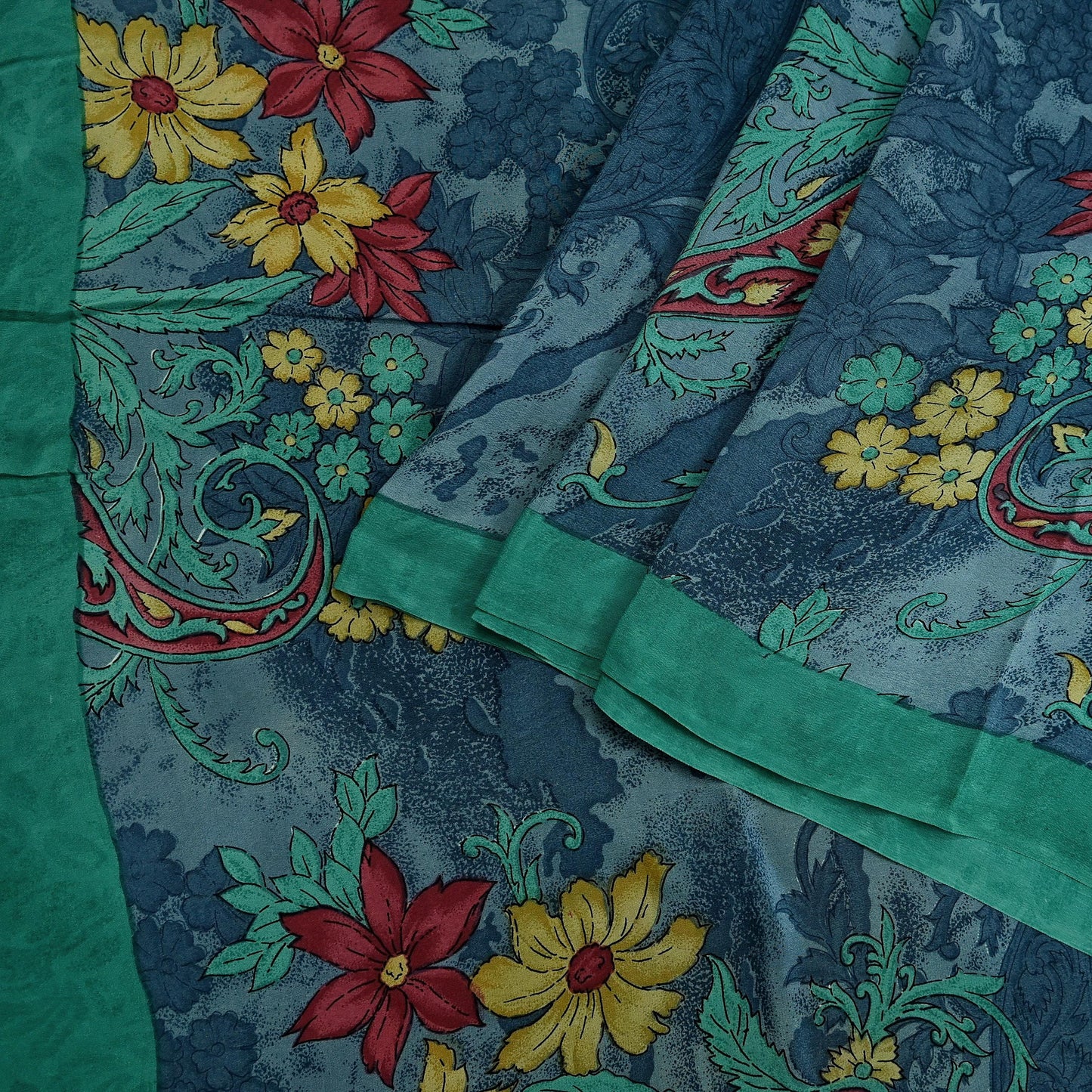 Indian Vintage Sari Green & Gray Pure Crepe Silk Printed Sarees 6yd Sewing Soft Craft Fabric Wrap Upcycle Quilting Crafting Dress making