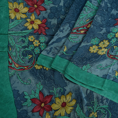 Indian Vintage Sari Green & Gray Pure Crepe Silk Printed Sarees 6yd Sewing Soft Craft Fabric Wrap Upcycle Quilting Crafting Dress making