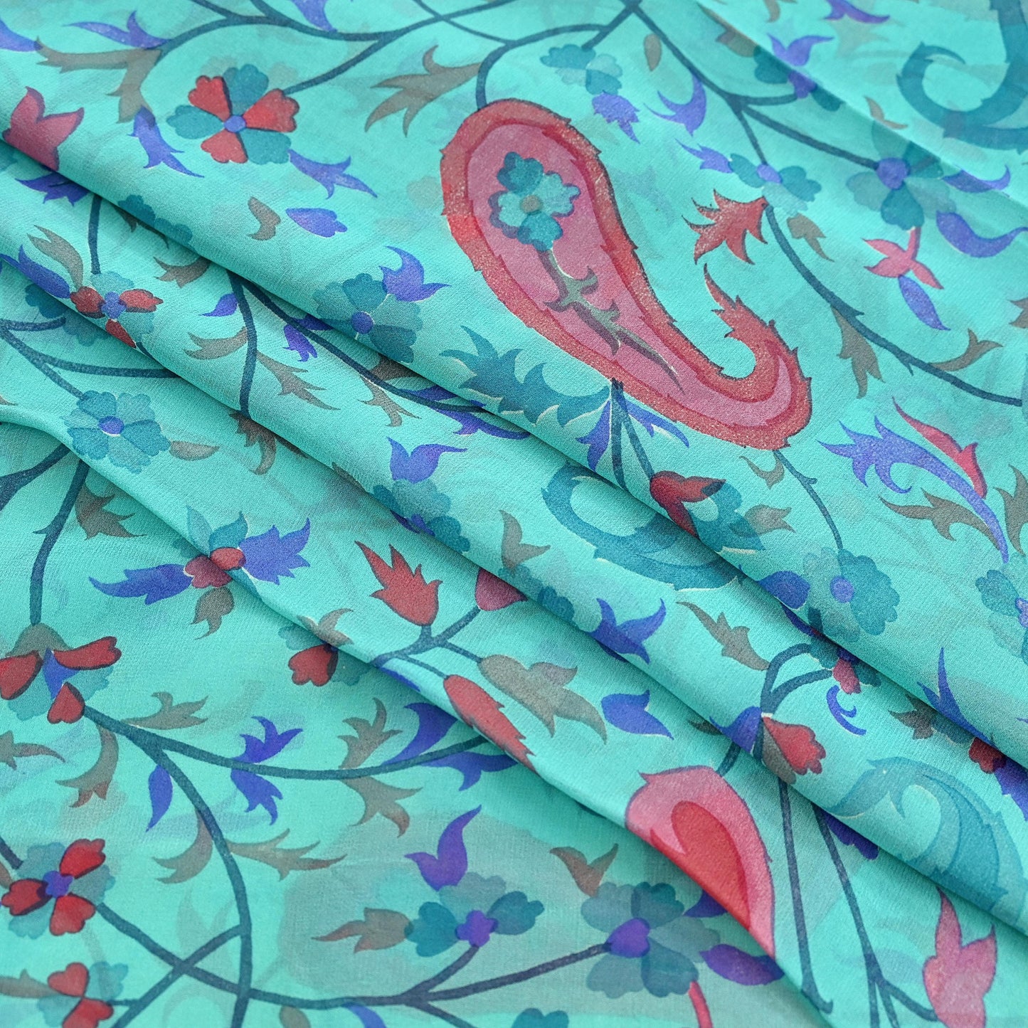Vintage Green Georgette Silk Saree: Floral Print Fabric, 5.8 Yard