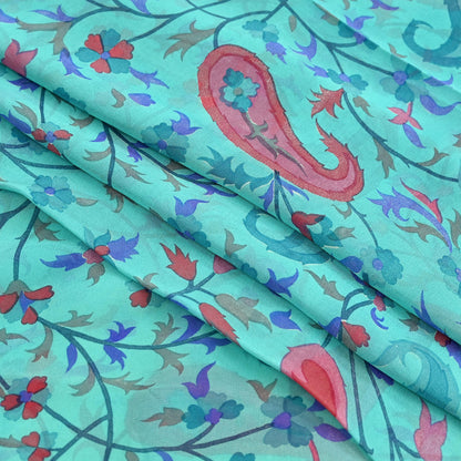 Vintage Green Georgette Silk Saree: Floral Print Fabric, 5.8 Yard