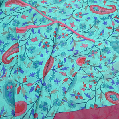 Vintage Green Georgette Silk Saree: Floral Print Fabric, 5.8 Yard
