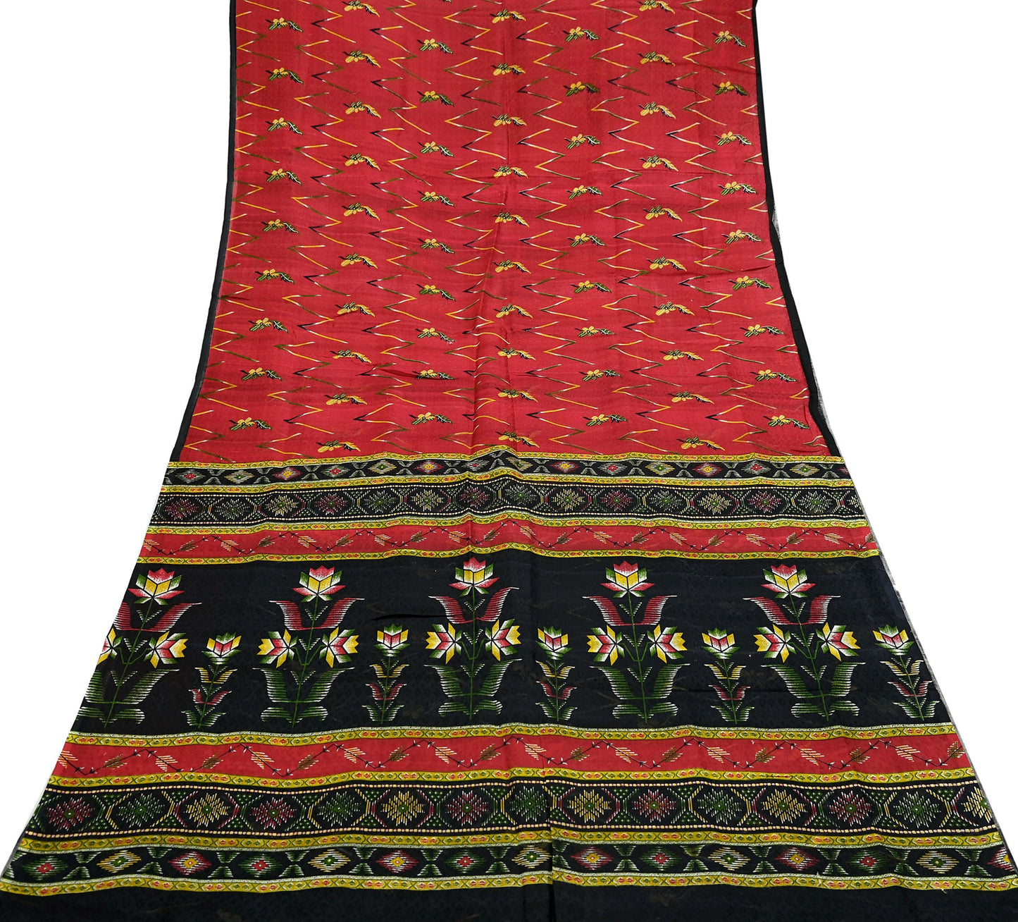 Indian Vintage Sari Red & Black Pure Silk Printed Sarees 6yd Sewing Craft Fabric Dress Making Soft Quilting Crafting Upcycle Used Floral