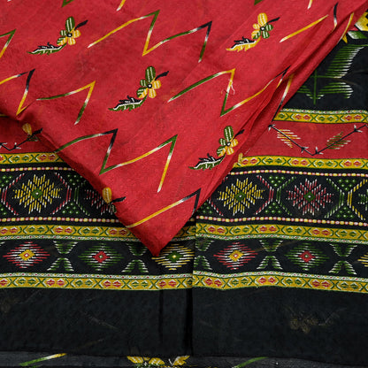 Indian Vintage Sari Red & Black Pure Silk Printed Sarees 6yd Sewing Craft Fabric Dress Making Soft Quilting Crafting Upcycle Used Floral