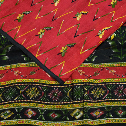 Indian Vintage Sari Red & Black Pure Silk Printed Sarees 6yd Sewing Craft Fabric Dress Making Soft Quilting Crafting Upcycle Used Floral