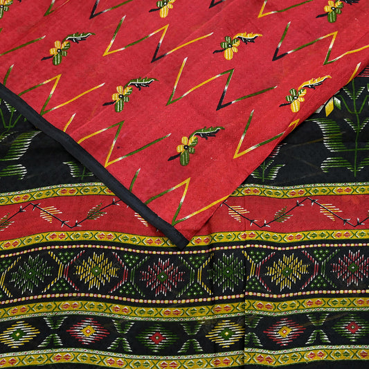 Indian Vintage Sari Red & Black Pure Silk Printed Sarees 6yd Sewing Craft Fabric Dress Making Soft Quilting Crafting Upcycle Used Floral