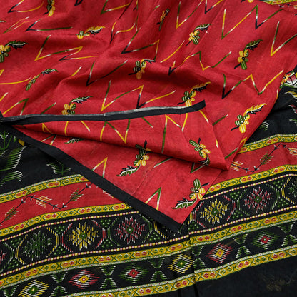 Indian Vintage Sari Red & Black Pure Silk Printed Sarees 6yd Sewing Craft Fabric Dress Making Soft Quilting Crafting Upcycle Used Floral