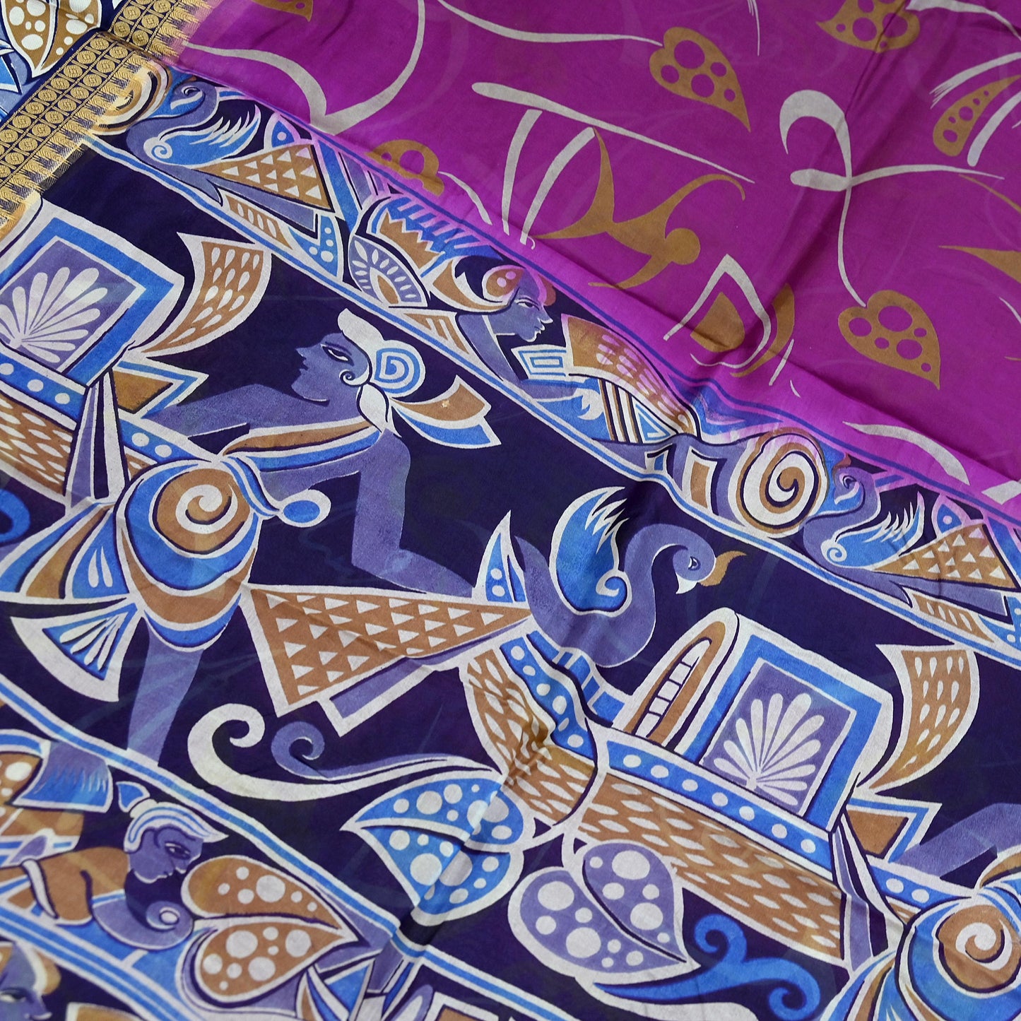 Indian Vintage Sari Blue & Purple Pure Silk Warli Printed Saree Craft Fabric 5Yd Dress making Sewing Dress making For Crafting Quilting