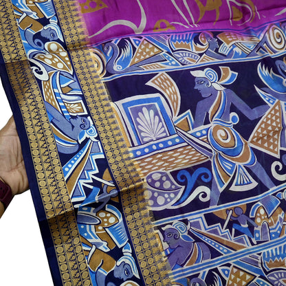 Indian Vintage Sari Blue & Purple Pure Silk Warli Printed Saree Craft Fabric 5Yd Dress making Sewing Dress making For Crafting Quilting