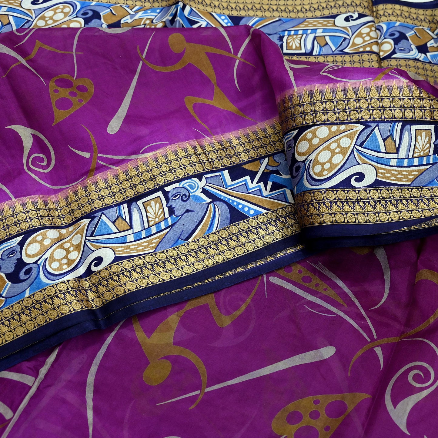 Indian Vintage Sari Blue & Purple Pure Silk Warli Printed Saree Craft Fabric 5Yd Dress making Sewing Dress making For Crafting Quilting