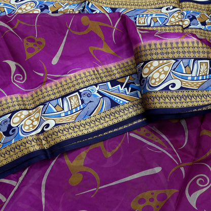 Indian Vintage Sari Blue & Purple Pure Silk Warli Printed Saree Craft Fabric 5Yd Dress making Sewing Dress making For Crafting Quilting