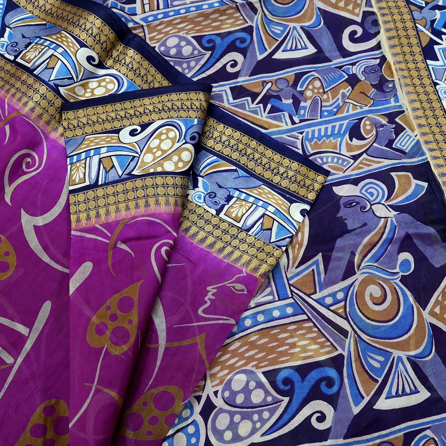 Indian Vintage Sari Blue & Purple Pure Silk Warli Printed Saree Craft Fabric 5Yd Dress making Sewing Dress making For Crafting Quilting