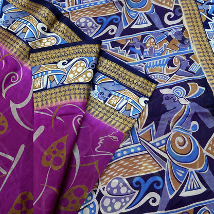 Indian Vintage Sari Blue & Purple Pure Silk Warli Printed Saree Craft Fabric 5Yd Dress making Sewing Dress making For Crafting Quilting