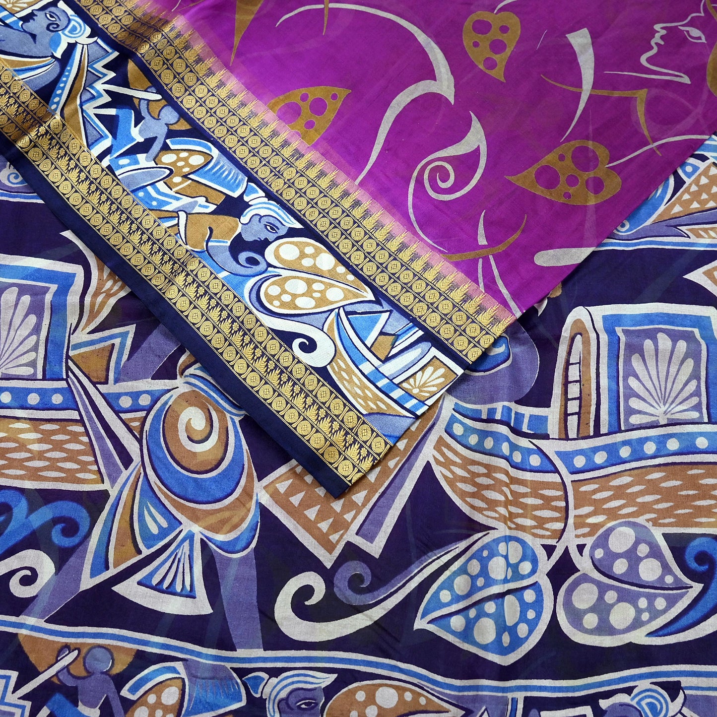 Indian Vintage Sari Blue & Purple Pure Silk Warli Printed Saree Craft Fabric 5Yd Dress making Sewing Dress making For Crafting Quilting