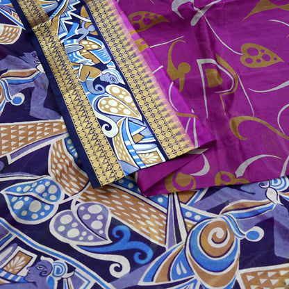 Indian Vintage Sari Blue & Purple Pure Silk Warli Printed Saree Craft Fabric 5Yd Dress making Sewing Dress making For Crafting Quilting