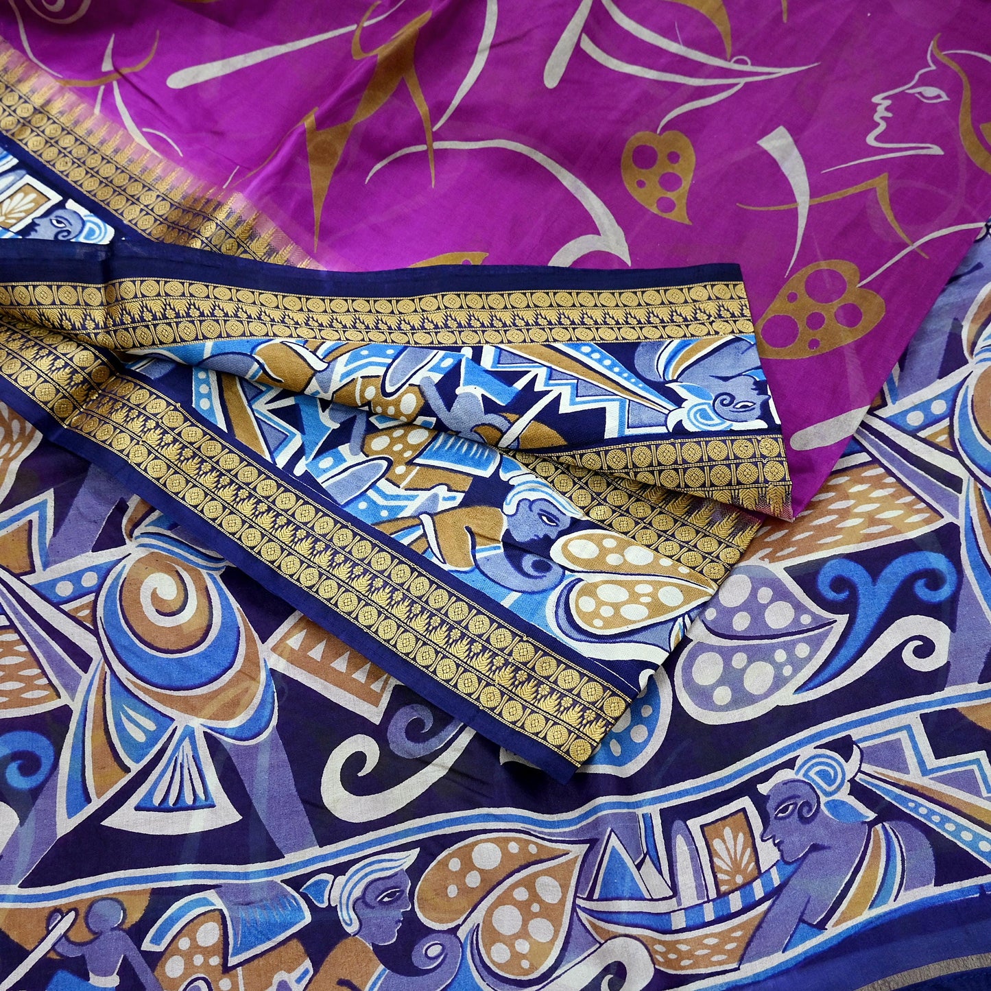 Indian Vintage Sari Blue & Purple Pure Silk Warli Printed Saree Craft Fabric 5Yd Dress making Sewing Dress making For Crafting Quilting
