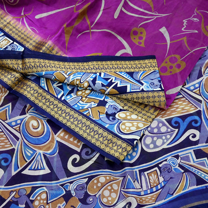 Indian Vintage Sari Blue & Purple Pure Silk Warli Printed Saree Craft Fabric 5Yd Dress making Sewing Dress making For Crafting Quilting