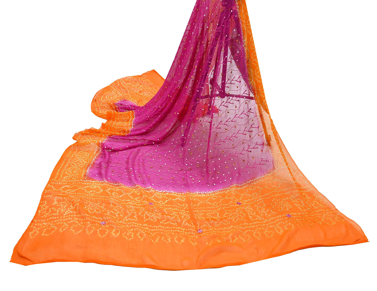 Indian Vintage Orange & Purple Dupatta Pure Georgette Silk Hand Embroidered Bandhani Veil Scarves Soft