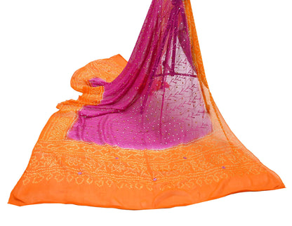 Indian Vintage Orange & Purple Dupatta Pure Georgette Silk Hand Embroidered Bandhani Veil Scarves Soft