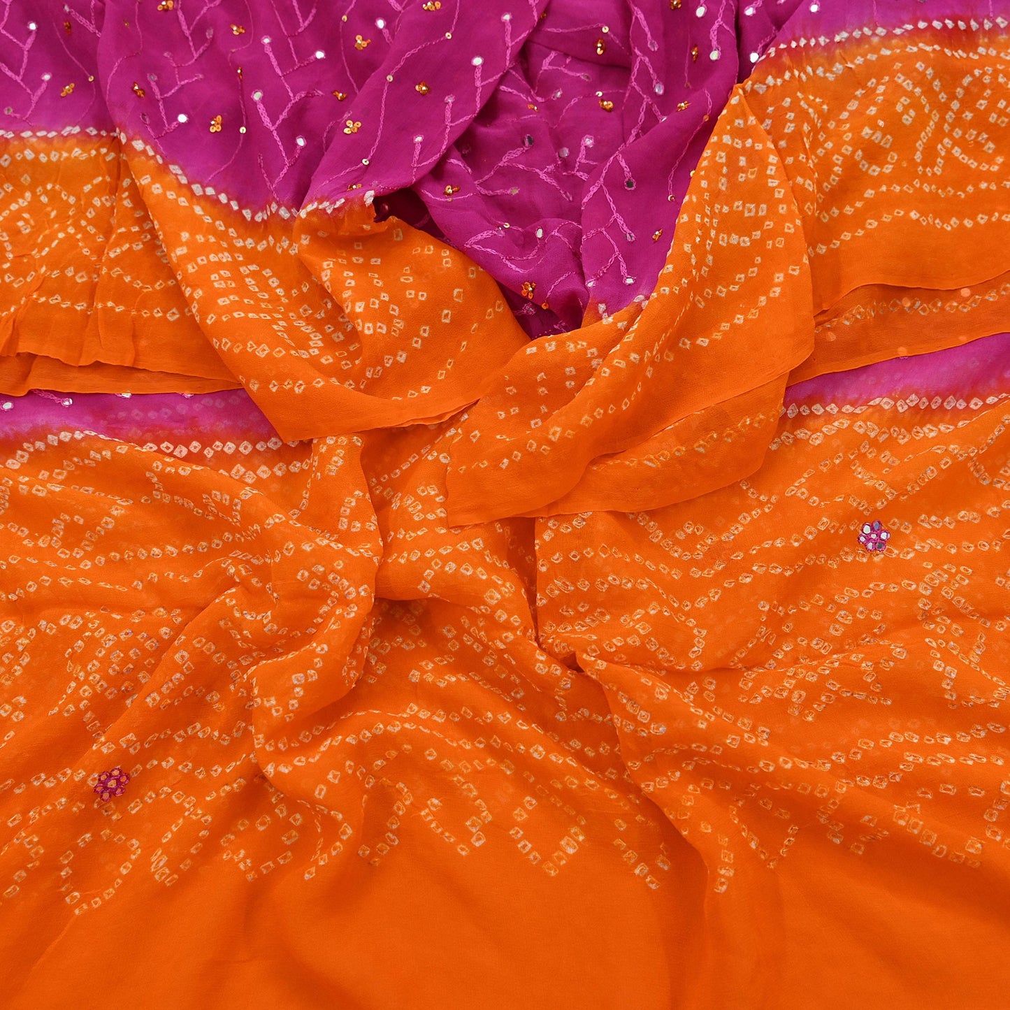 Indian Vintage Orange & Purple Dupatta Pure Georgette Silk Hand Embroidered Bandhani Veil Scarves Soft