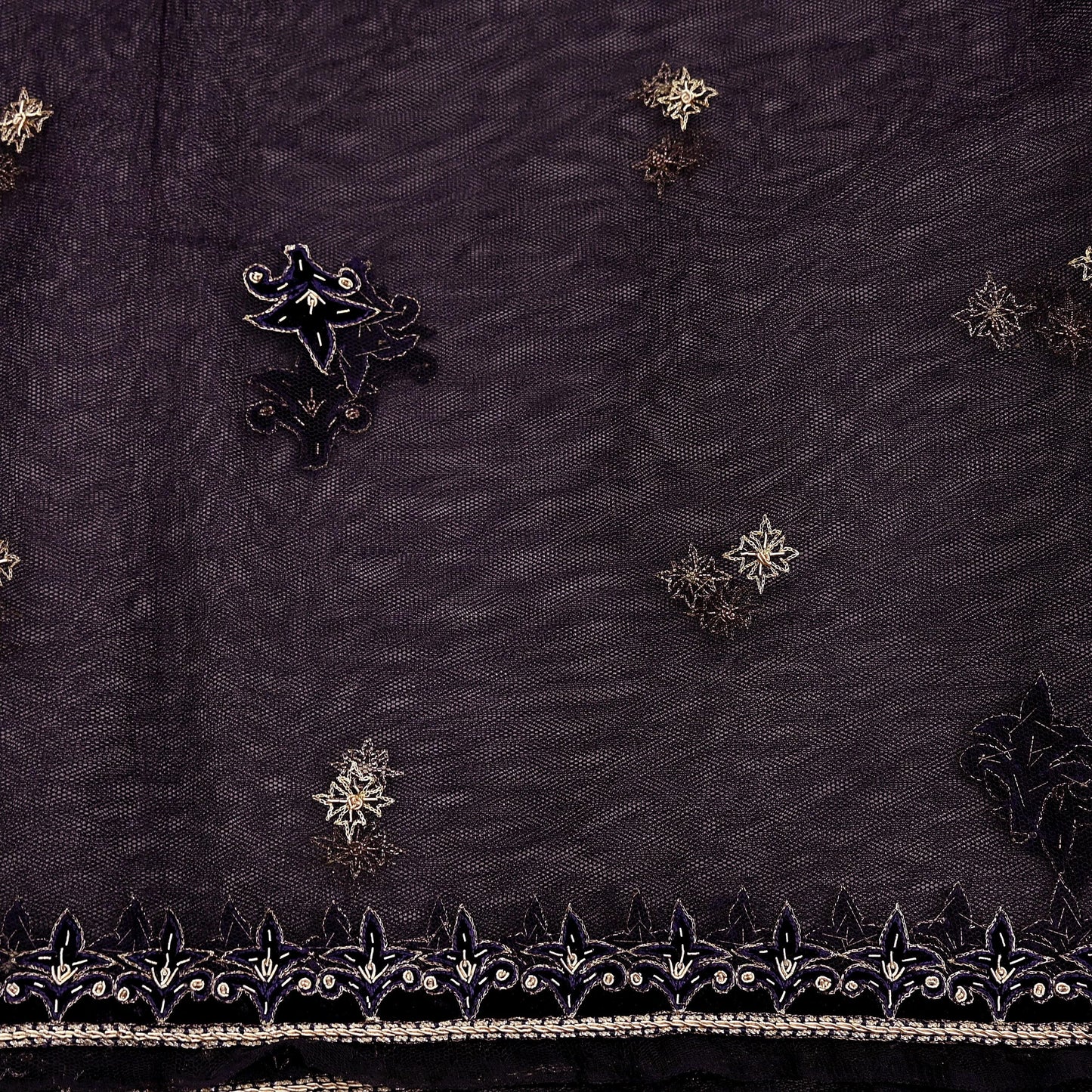 Hand Embroidered Purple Net Dupatta: Vintage Zardozi Zari Stole