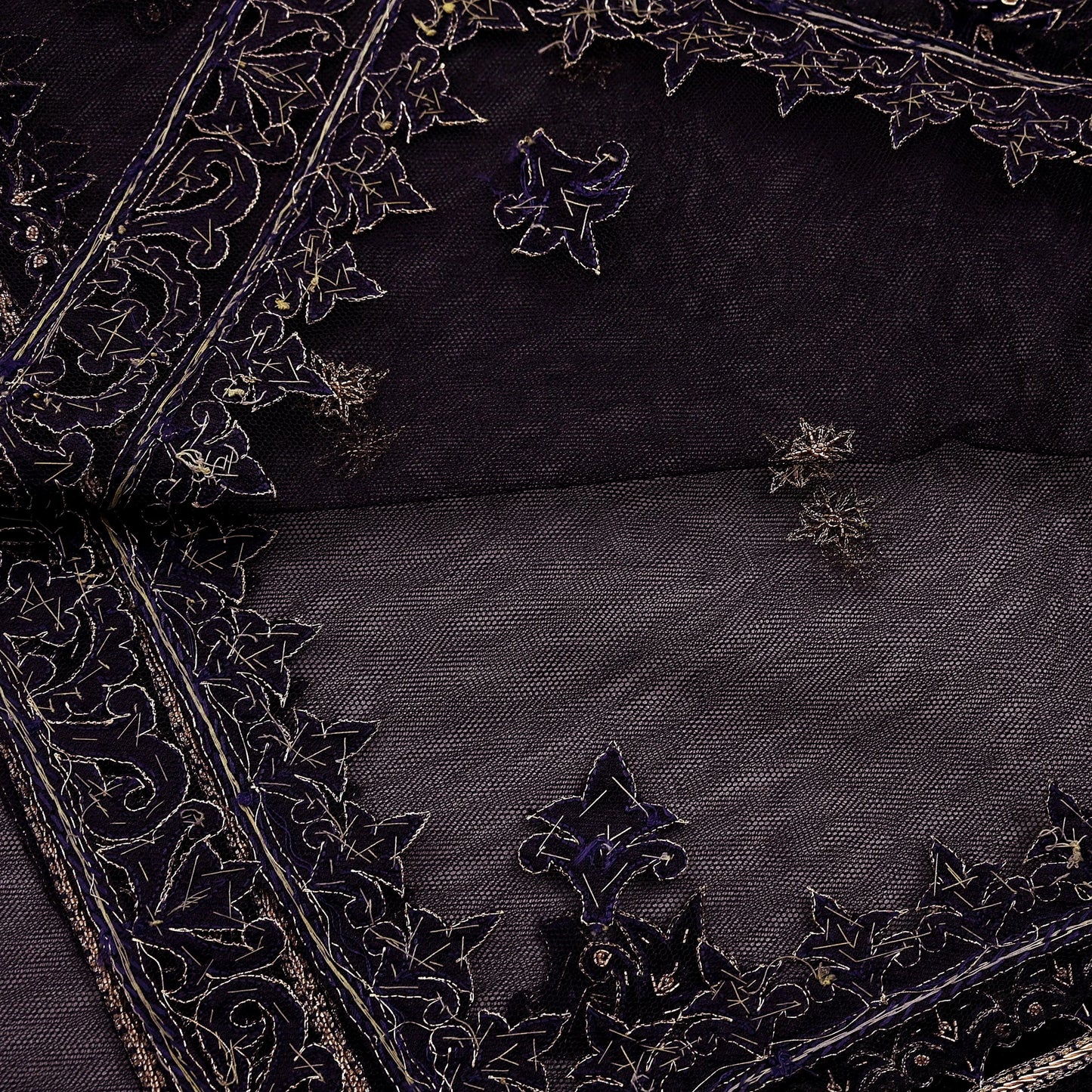 Hand Embroidered Purple Net Dupatta: Vintage Zardozi Zari Stole