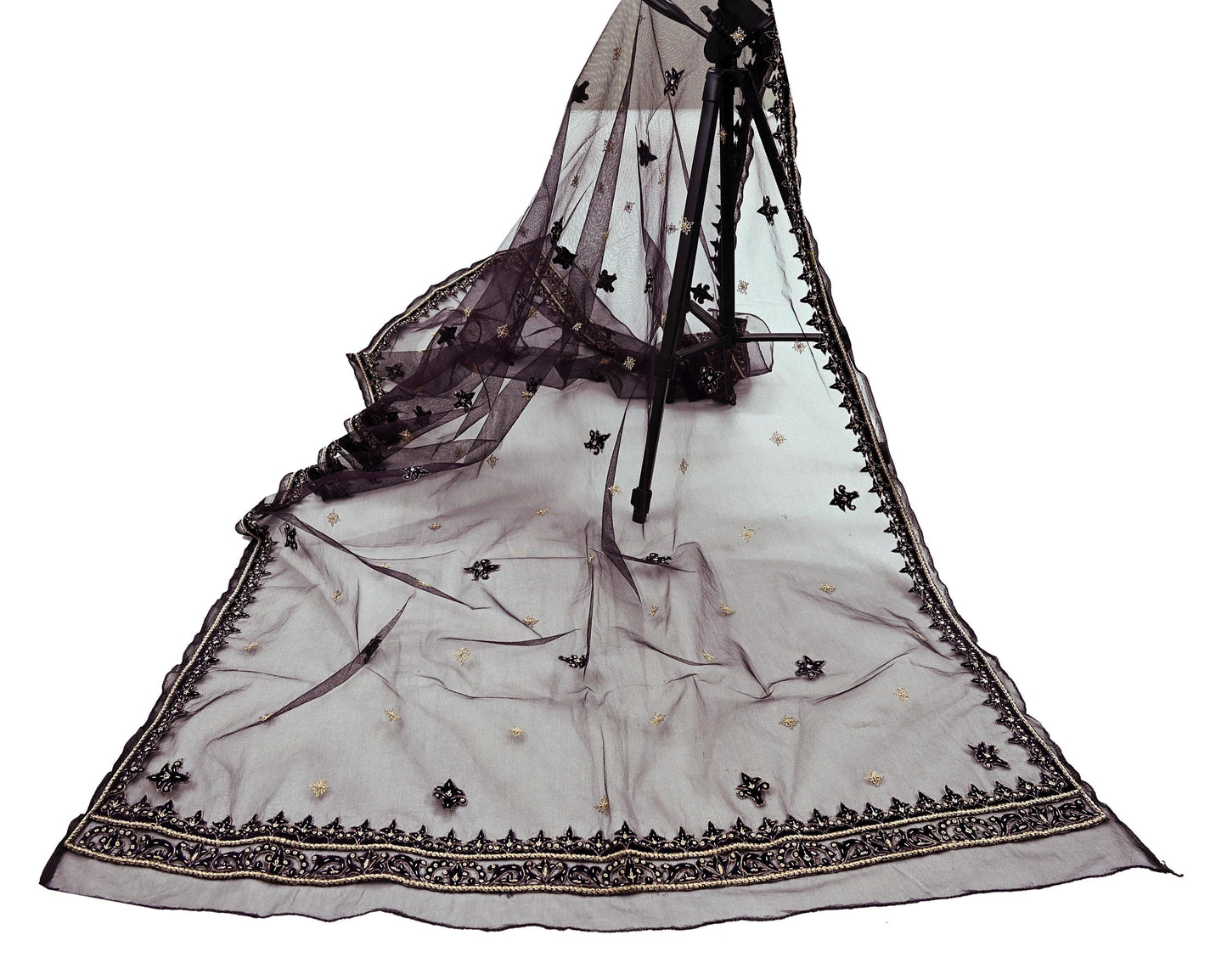 Hand Embroidered Purple Net Dupatta: Vintage Zardozi Zari Stole