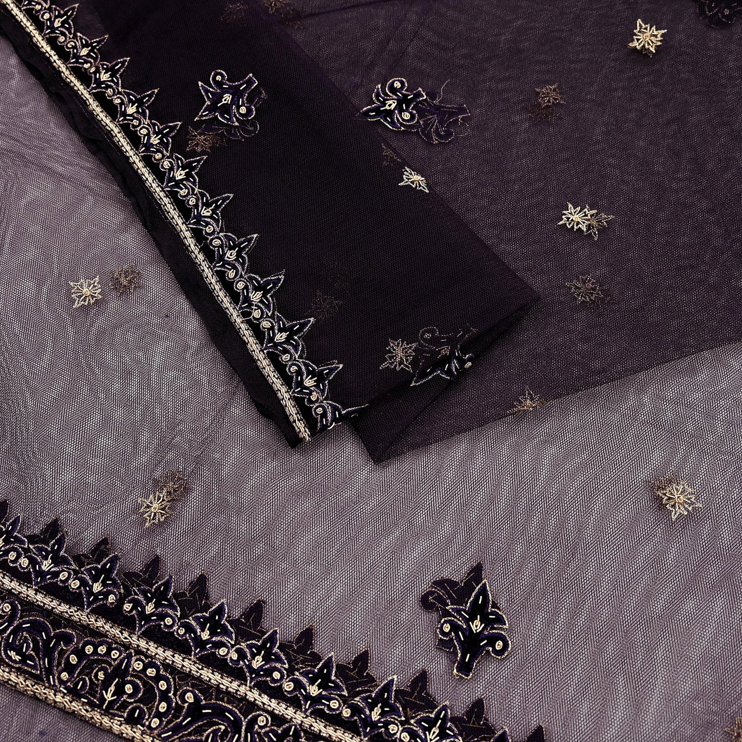 Hand Embroidered Purple Net Dupatta: Vintage Zardozi Zari Stole