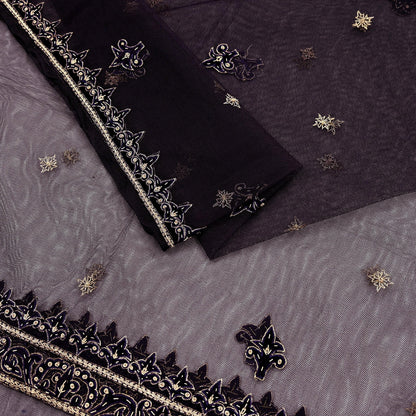 Hand Embroidered Purple Net Dupatta: Vintage Zardozi Zari Stole