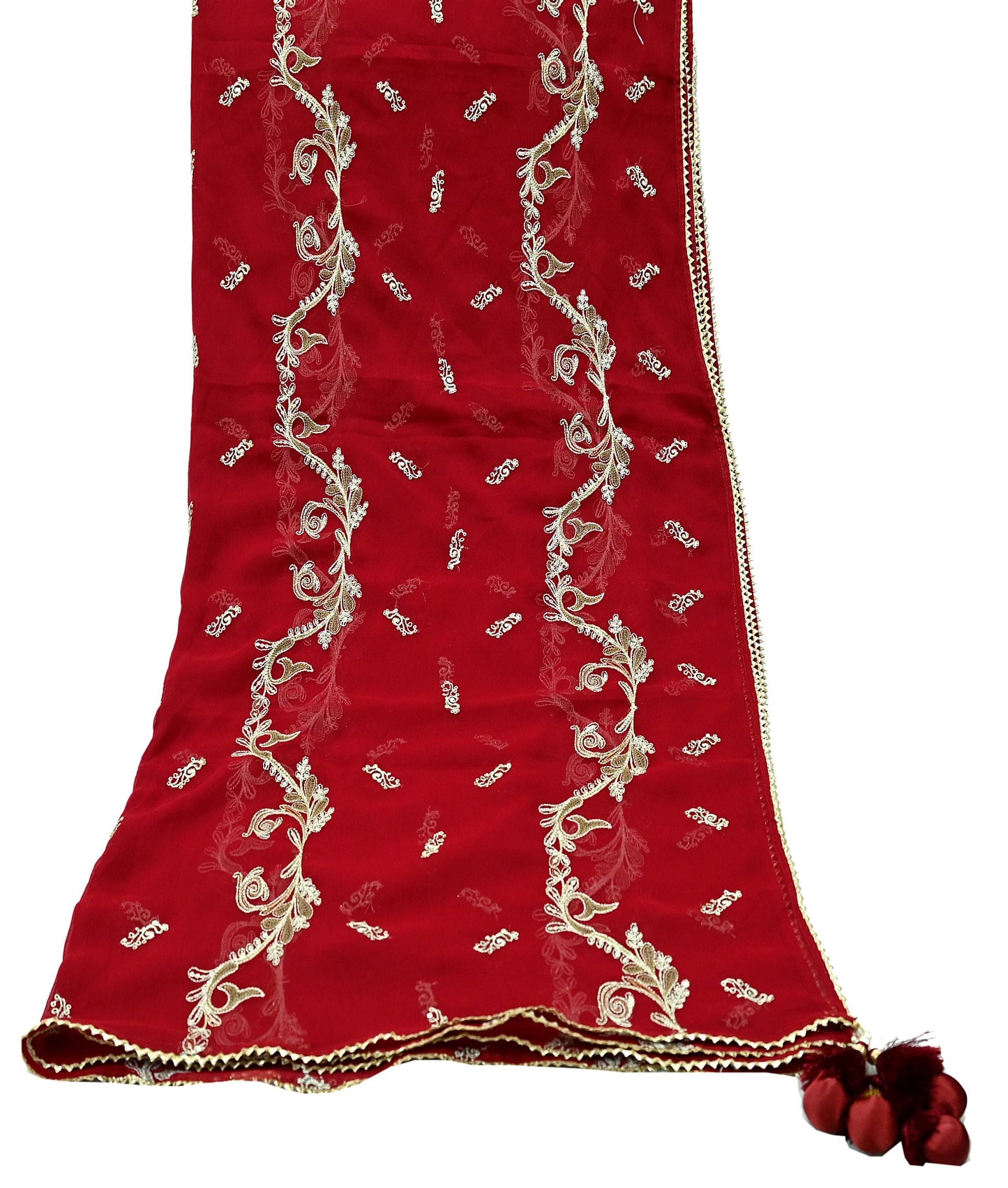 Red Chiffon Dupatta: Vintage Indian Embroidered Stole with Zari