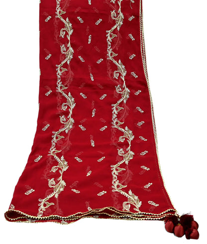 Red Chiffon Dupatta: Vintage Indian Embroidered Stole with Zari